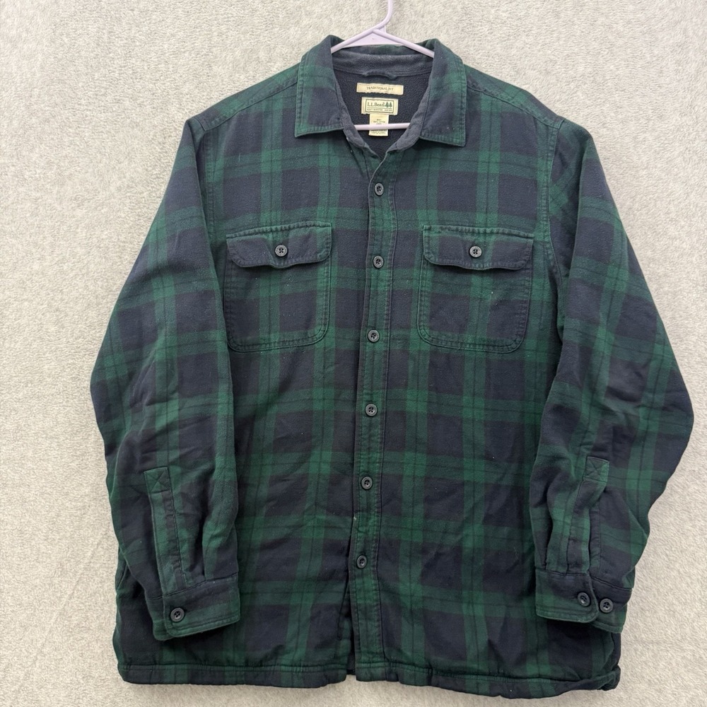 LL Bean Shirt Men L Green Blue Plaid Fleece Lined Flannel Jacket Traditional Fit